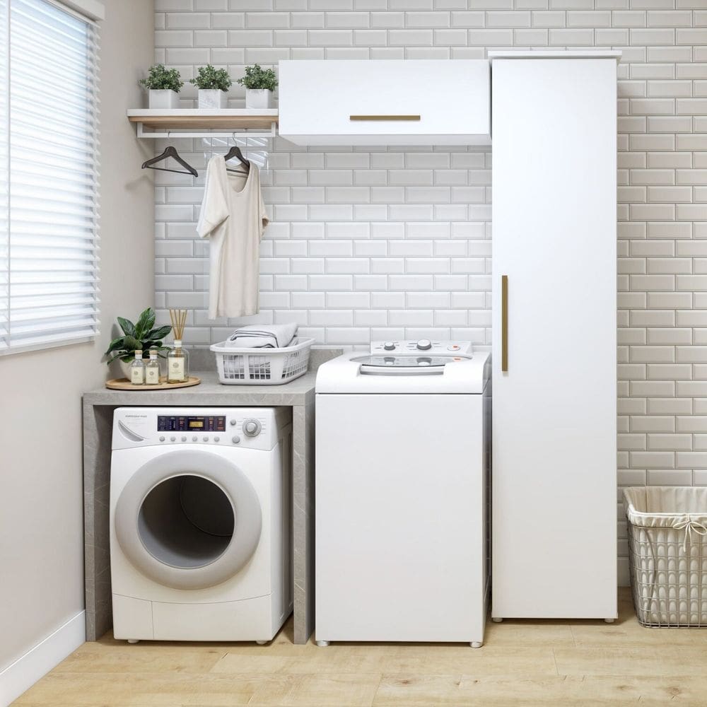 Lavanderia Modulada 1 Armário Multiuso e Armário Aéreo Bauru Branco
