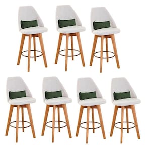 Kit 07 Banquetas Alta Maya Giratória Com Encosto Gourmet Linho Bege e Almofada Suede Verde Musgo - Aurora Line