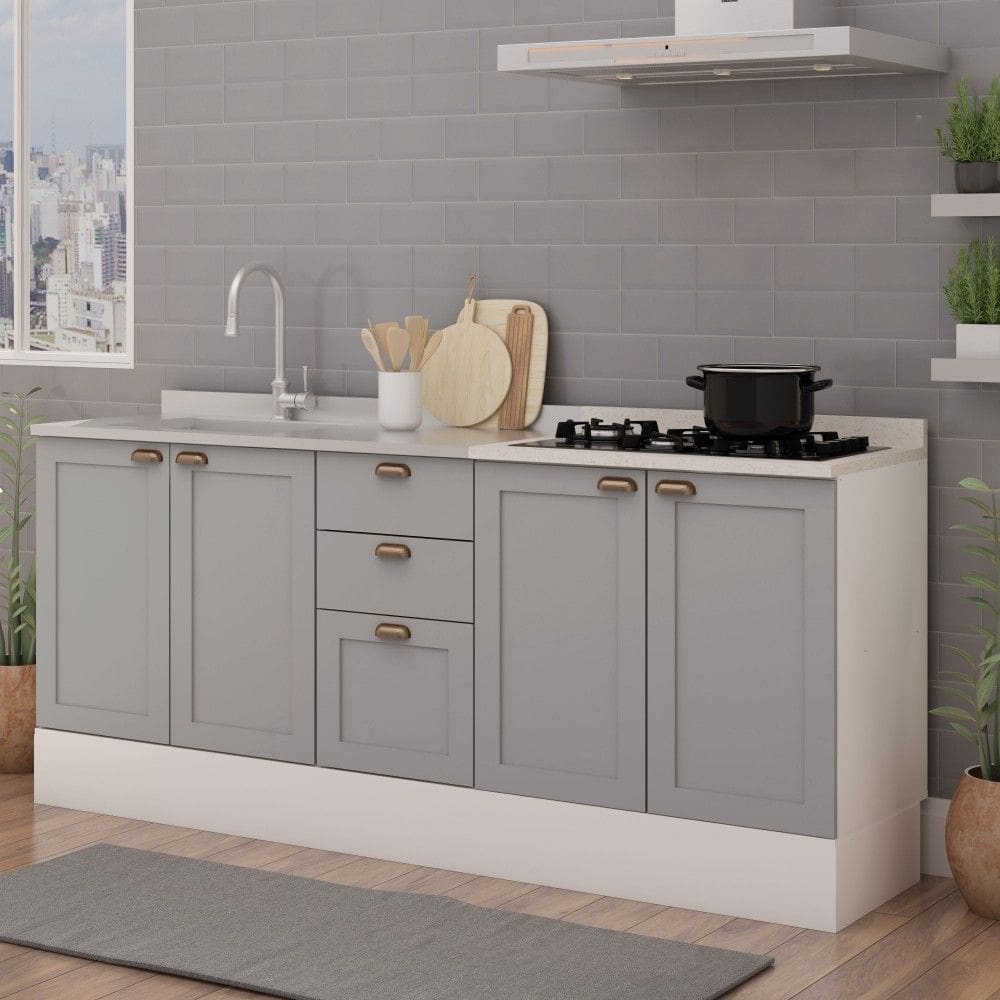 Balcão de Cozinha Iluminata 4 Portas 3 Gavetas 100% Mdf Branco/Marrom Claro - Genialflex