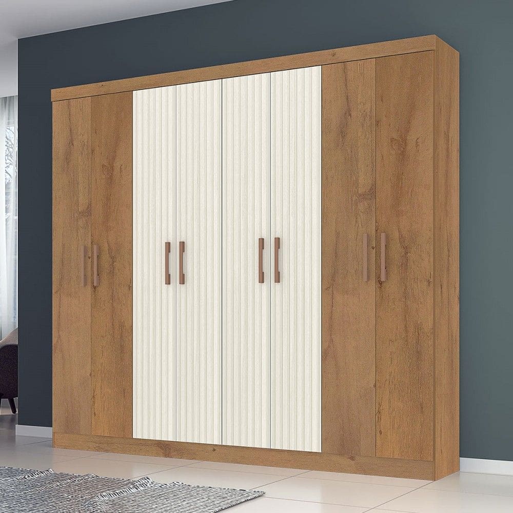 Guarda-Roupa Casal Petropolis 8 Portas 2 Gavetas Canelato Rustico/Natural/Off White - Atualle Móveis