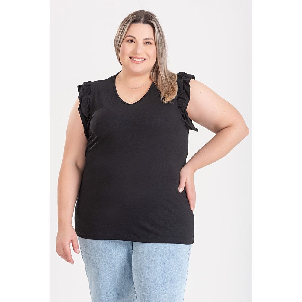 Blusa Feminina Plus Size Malha Viscose C/ Elastano Decote V Babados Ombro - Serena