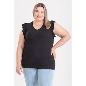 Blusa Feminina Plus Size Malha Viscose C/ Elastano Decote V Babados Ombro - Serena