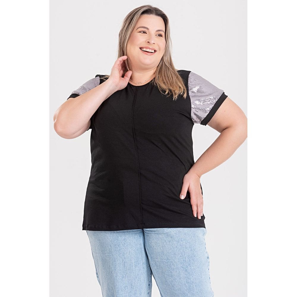 Blusa Feminina Plus Size Malha Viscose Mangas em Paetê - Serena
