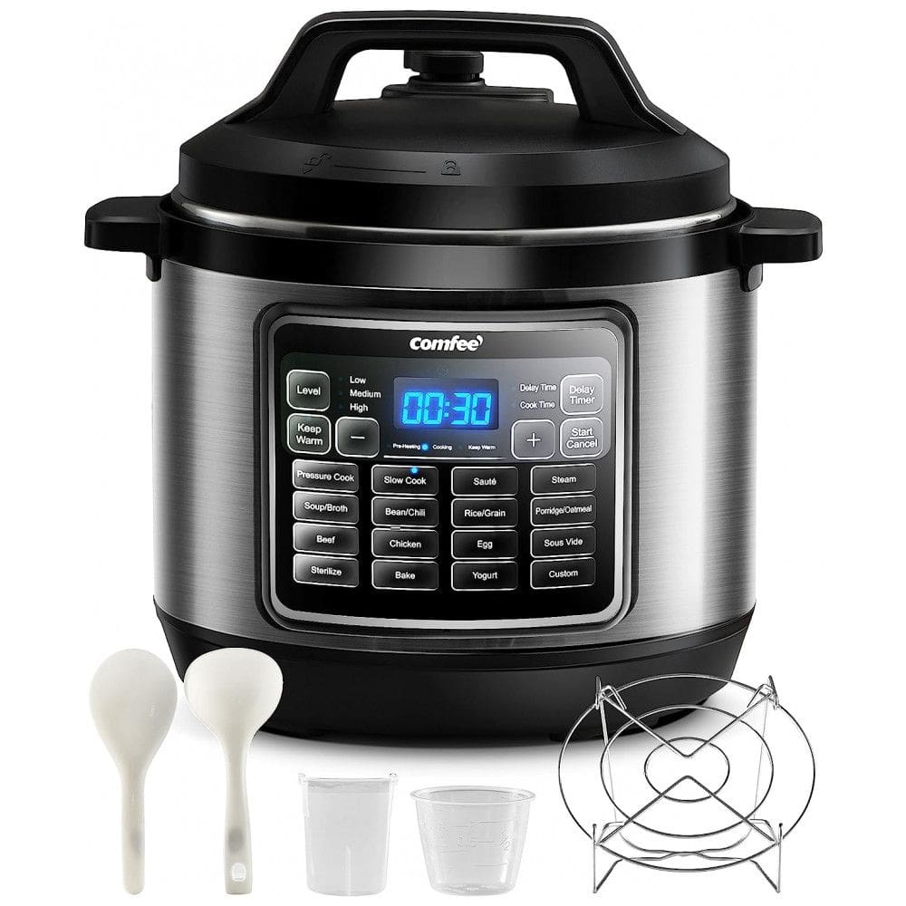 Panela de Pressão Elétrica 16 em 1, 7.5L em Aço Inoxidável com Painel de LED, 110V 1200W, COMFEE, Prata e Preto