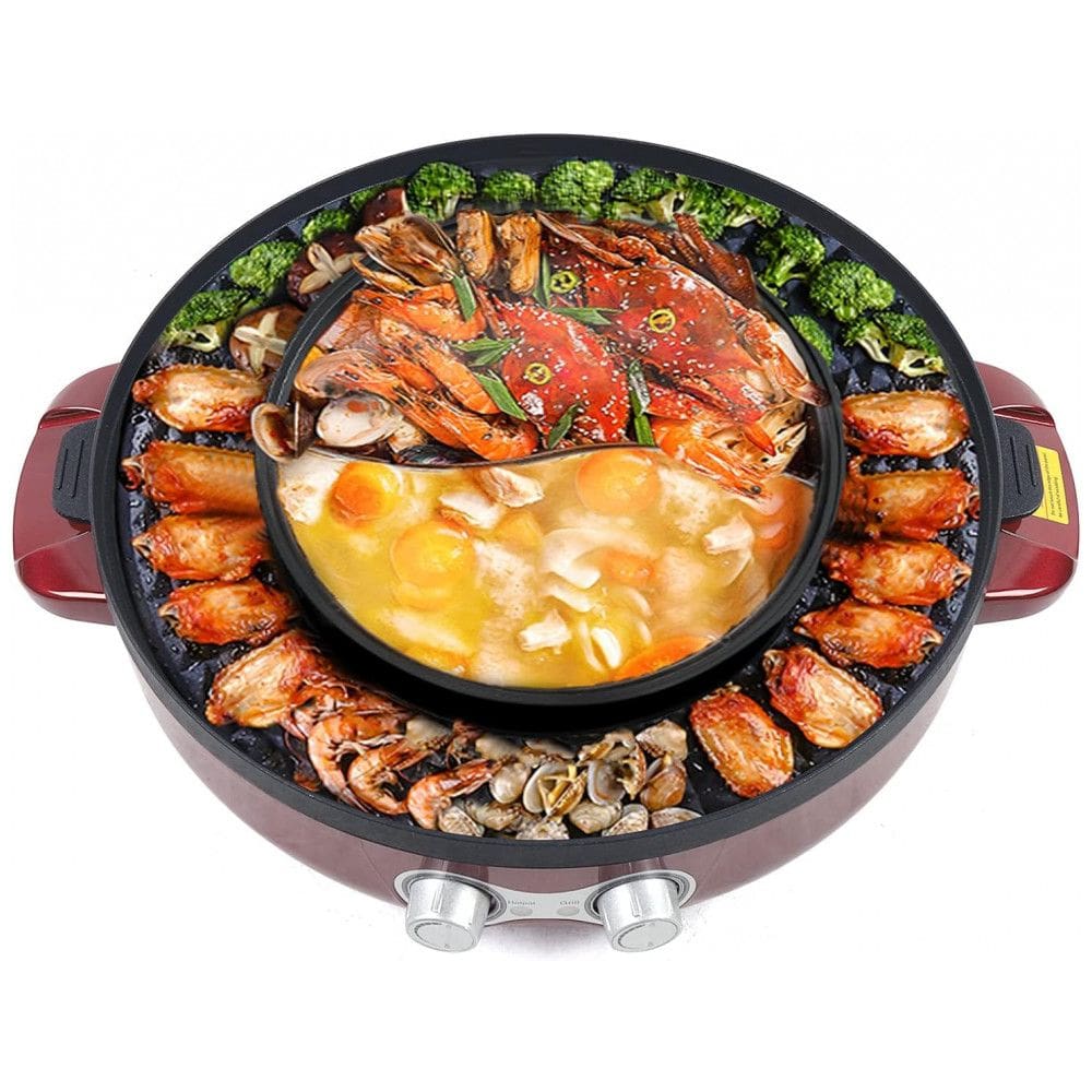 Panela Elétrica Multifuncional 2 em 1 com Grill e Controle Duplo de Temperatura 110V 2000W SNKOURIN Vermelho