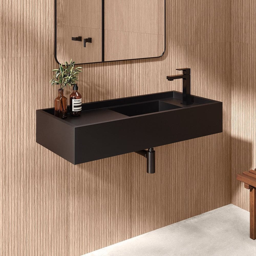 Cuba Esculpida de Porcelanato para Banheiro Alto Padrão 100x45x15cm Acetinado Preto