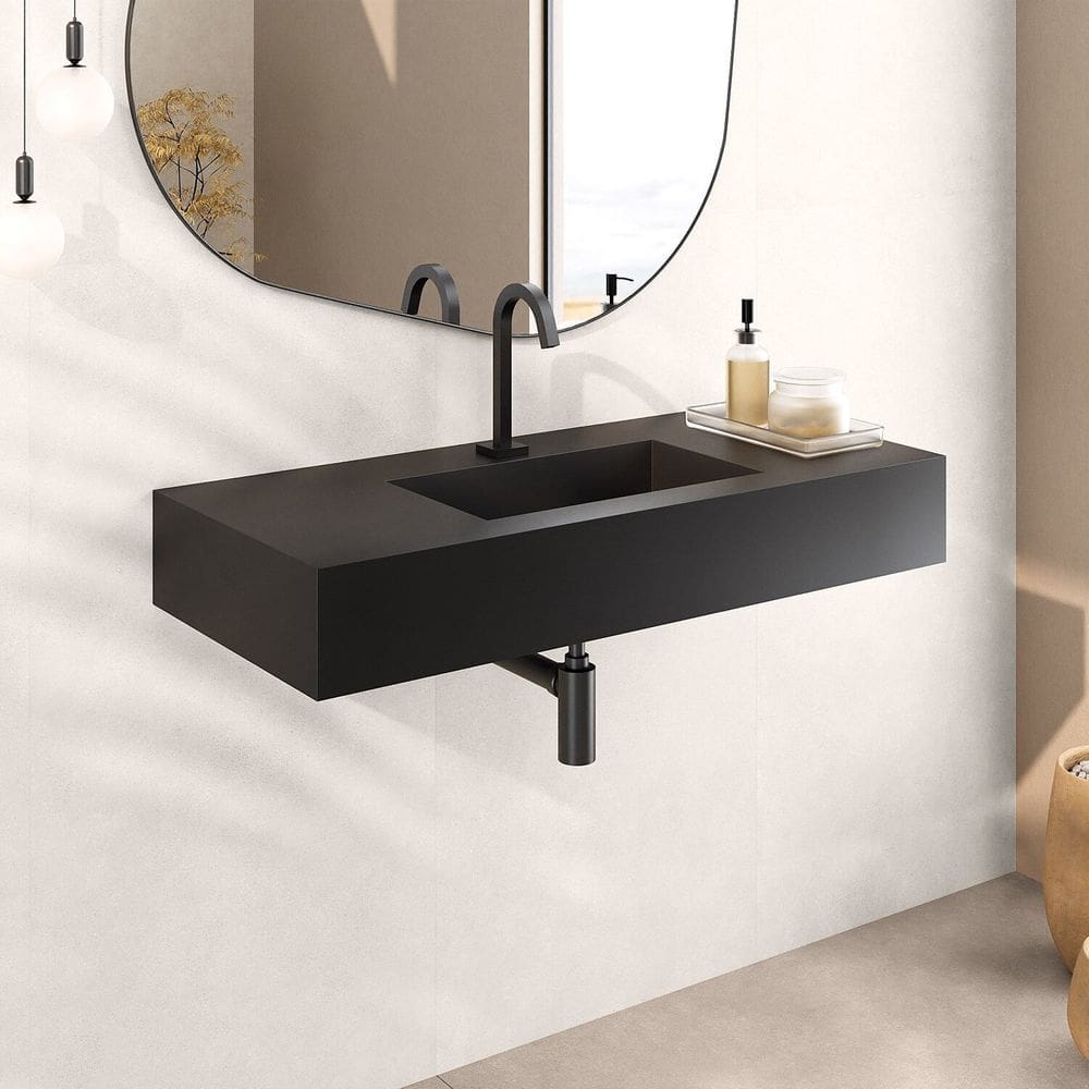 Cuba Esculpida de Porcelanato para Banheiro Alto Padrão 100x45x15cm Acetinado Preto