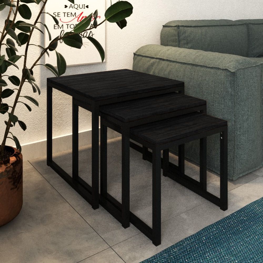 Mesa Lateral Industrial Trio Isabella Preto e Tampo Preto
