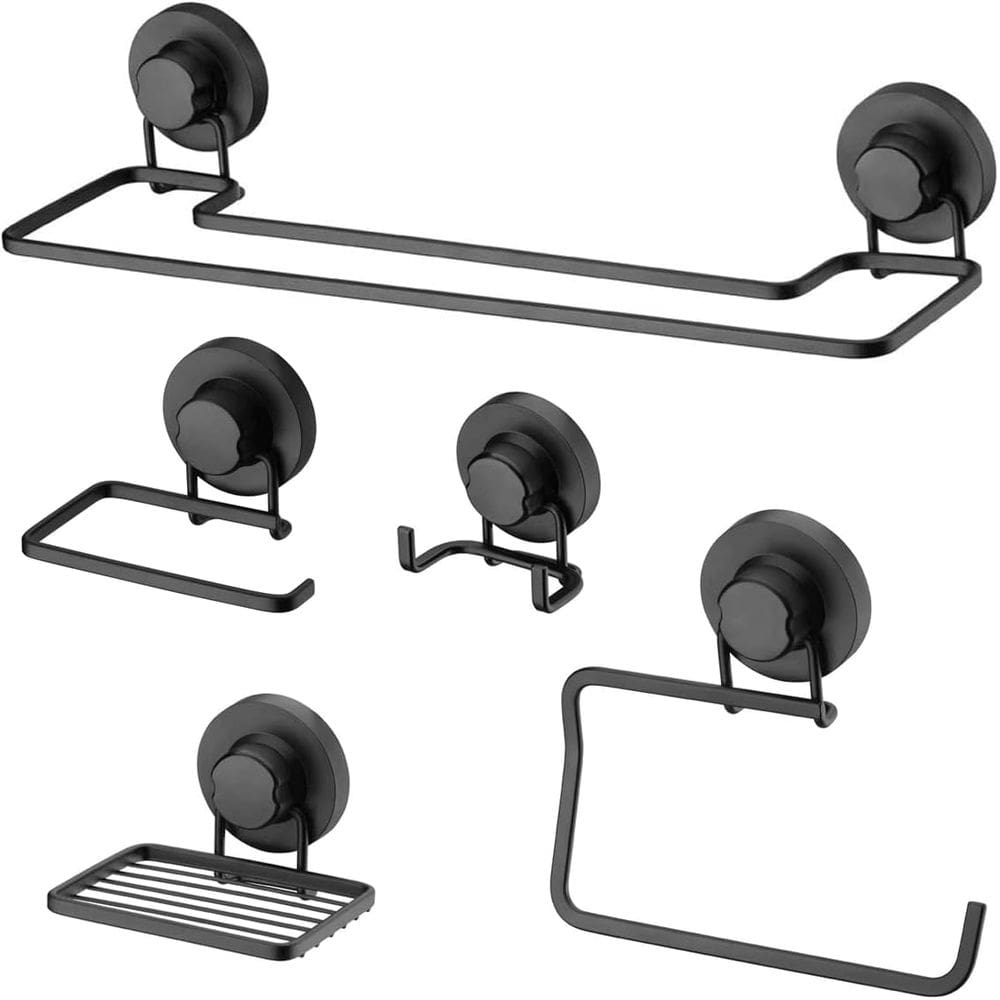 Kit de 5 Acessórios Preto para Banheiro Suportes com Ventosa Papeleira Toalheiro Saboneteira Gancho