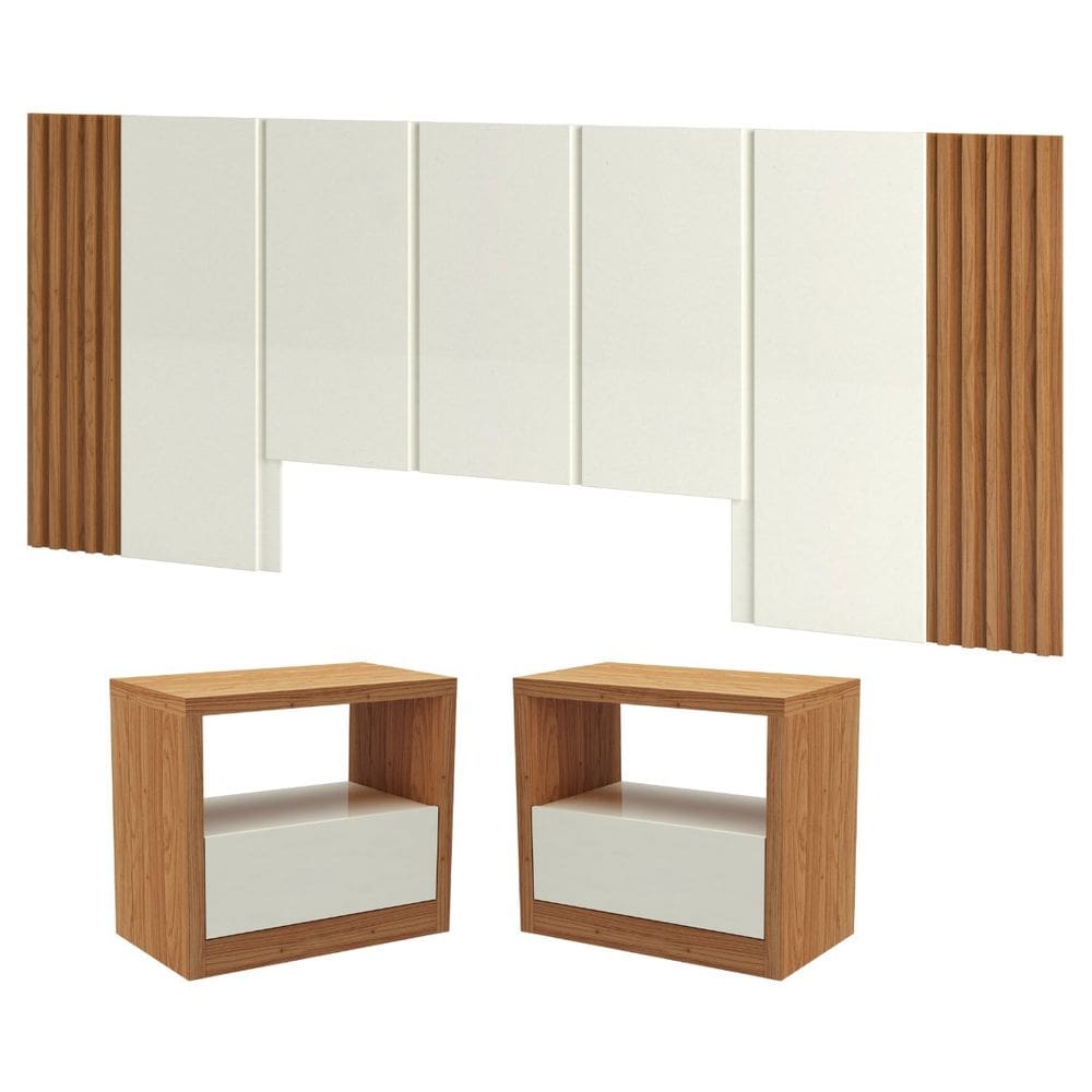 Kit Quarto Cabeceira King com 2 Mesas de Cabeceira MDF Freijó Off White Dalla Costa