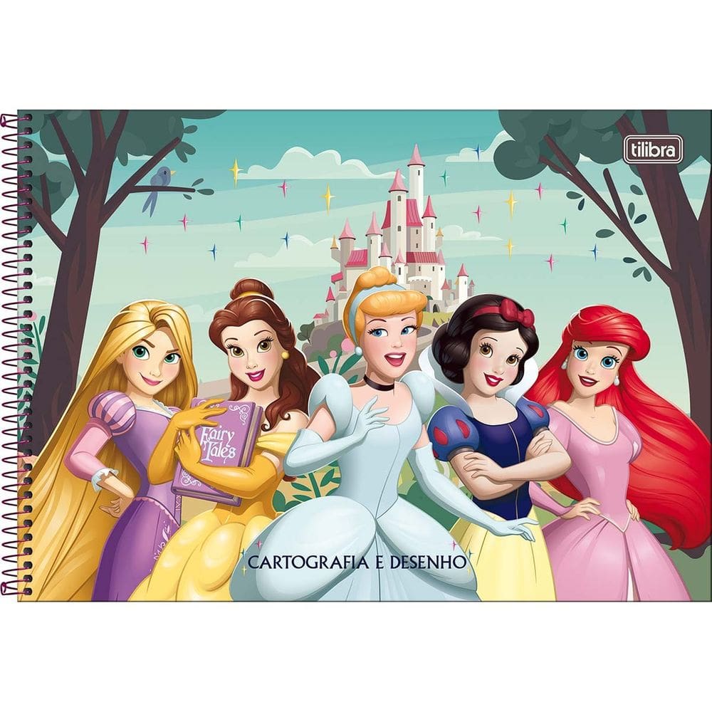 Caderno de Cartografia e Desenho Espiral Capa Dura Princesas 80 Folhas Tilibra