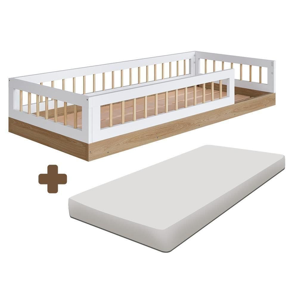 Cama Solteiro Infantil Com Grade De Proteção 84 X 195 Cm Com Colchão Aveiro Oak Branco Sova Jm M