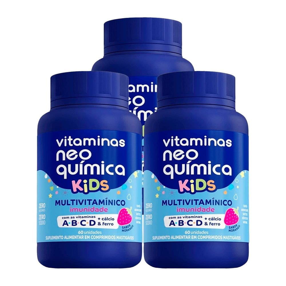 Kit 3 und Vitaminas Neo Química Kids Morango Mastigável c/ 60cpr