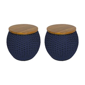 Kit 2 Puffs Barril Alumínio Tampo Madeira Corda Náutica Azul Marinho