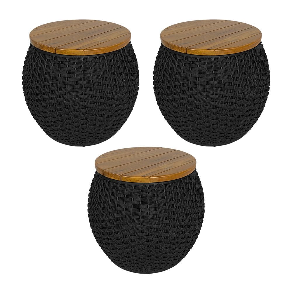 Kit 3 Puffs Barril Alumínio Tampo Madeira Corda Náutica Preto