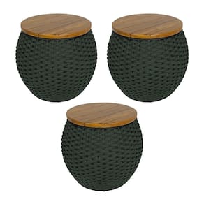 Kit 3 Puffs Barril Alumínio Tampo Madeira Corda Náutica Verde Militar