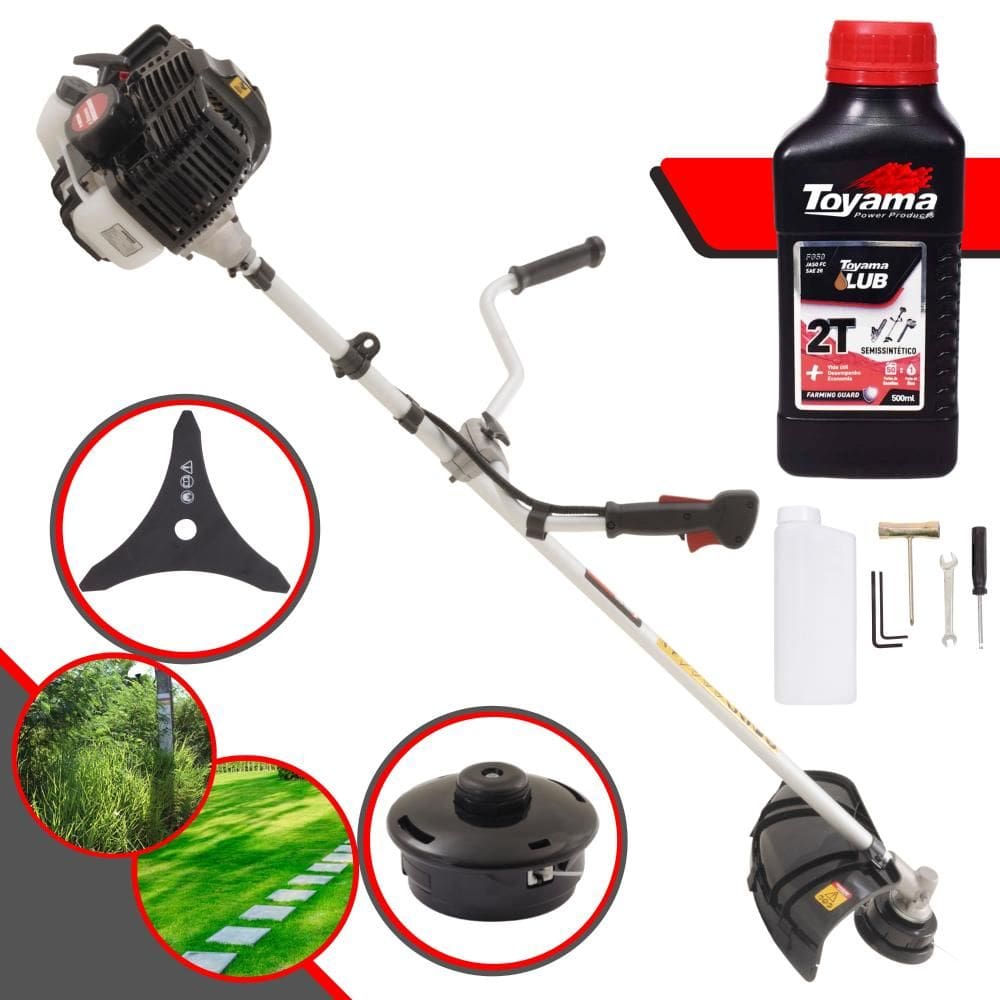 Roçadeira Lateral Kawashima KW52LE À Gasolina 52cc 2,5HP de Potência Motor 2T Com Faca 3 Pontas e Carretel + Óleo Toyama 2T