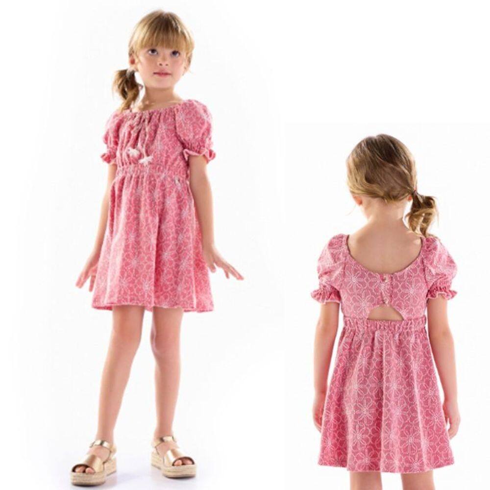 Vestido trabalhado florzinhas com botões e decote nas costas Kiki Xodó