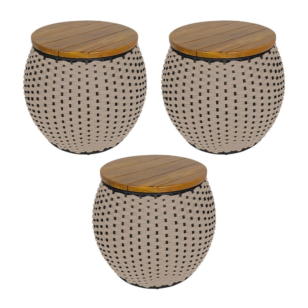 Kit 3 Puffs Barril Alumínio Tampo Madeira Corda Náutica Areia