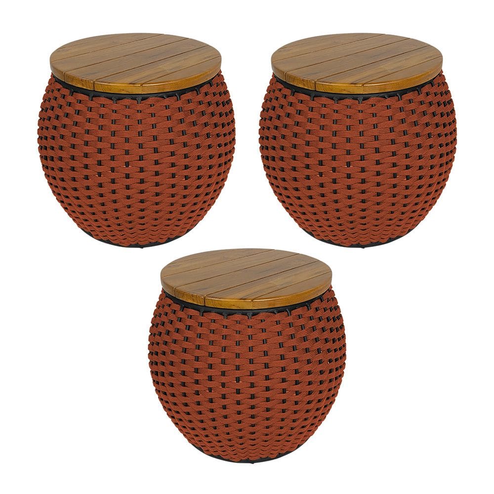 Kit 3 Puffs Barril Alumínio Tampo Madeira Corda Náutica Terracota