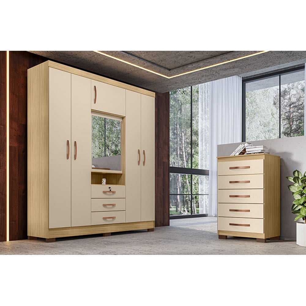 Kit Guarda Roupa Casal Roma 6 Portas com Espelho e Cômoda 5 Gavetas Aspen I01 Carvalho Off White - Clique Chique Móveis