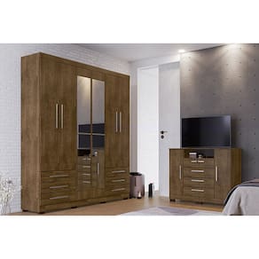 Kit Guarda Roupa Casal 6 Portas com Espelho e Cômoda 2 Portas Viena I01 Malbec - Clique Chique Móveis