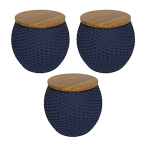 Kit 3 Puffs Barril Alumínio Tampo Madeira Corda Náutica Azul Marinho