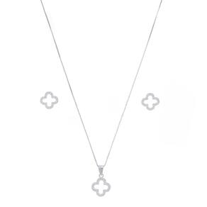 Colar Feminino De 40cm Prata 925 Conjunto Brinco Trevo Cravejado