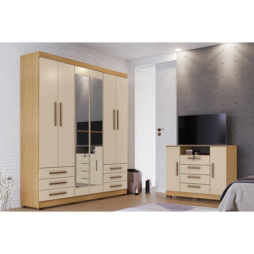 Kit Guarda Roupa Casal 6 Portas com Espelho e Cômoda 2 Portas Viena I01 - Clique Chique Móveis