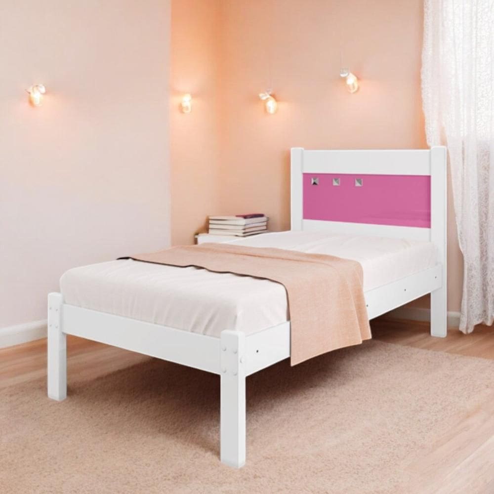 Cama Solteiro Sofisticada Berli Branca e Rosa com Colchão