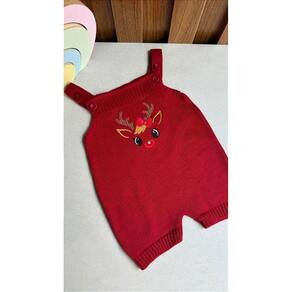 Jardineira Romper Natal Rena Com Laço Vermelho