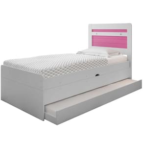 Cama Baú Solteiro Larissa Branco e Rosa com Aux. e Colchões