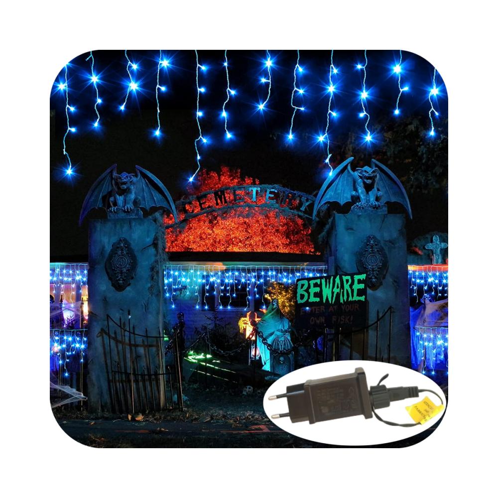Cascata 400 Led 8 Funções Prova D`água Azul 31v Bivolt Fio Branco 10m Uso Externo Natal