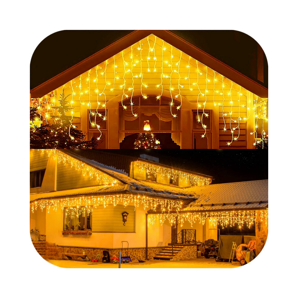 Cascata 400 Led Fixo Prova D`água Bivolt Branco Quente Fio Branco 10m Uso Externo Natal