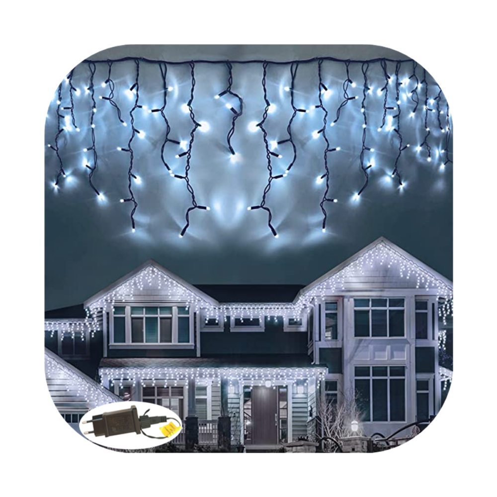 Cascata 400 Led Fixo Prova D`água Bivolt Branco Quente Fio Verde 10m Uso Externo Natal
