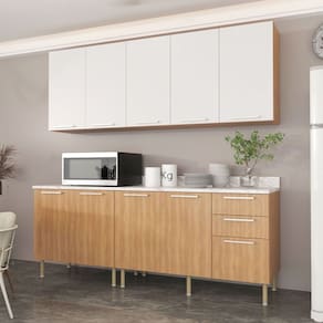 Cozinha Compacta Girassol 9 Portas e 3 Gavetas com Divisor de Talheres Freijó/Branco/Mármore Branco - Tecnomobili