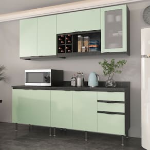 Cozinha Compacta Azaleia 8 Portas e 3 Gavetas com Divisor de Talheres Mármore Lunar/Verde Mar - Tecnomobili
