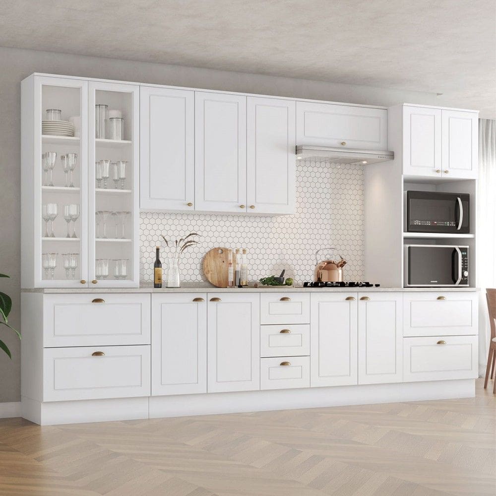 Cozinha Completa Americana 12 Portas 7 Gavetas com Vidro 100% Mdf Branco - Henn