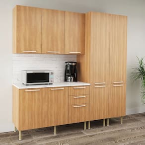 Cozinha Compacta Jasmine 9 Portas e 3 Gavetas com Divisor de Talheres Freijó/Mármore Branco - Tecnomobili