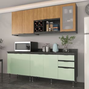 Cozinha Compacta Azaleia 8 Portas e 3 Gavetas com Divisor de Talheres Mármore Lunar/Verde Mar/Freijó - Tecnomobili