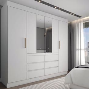 Guarda-Roupa Casal 4 Portas 6 Gavetas com Espelho Branco