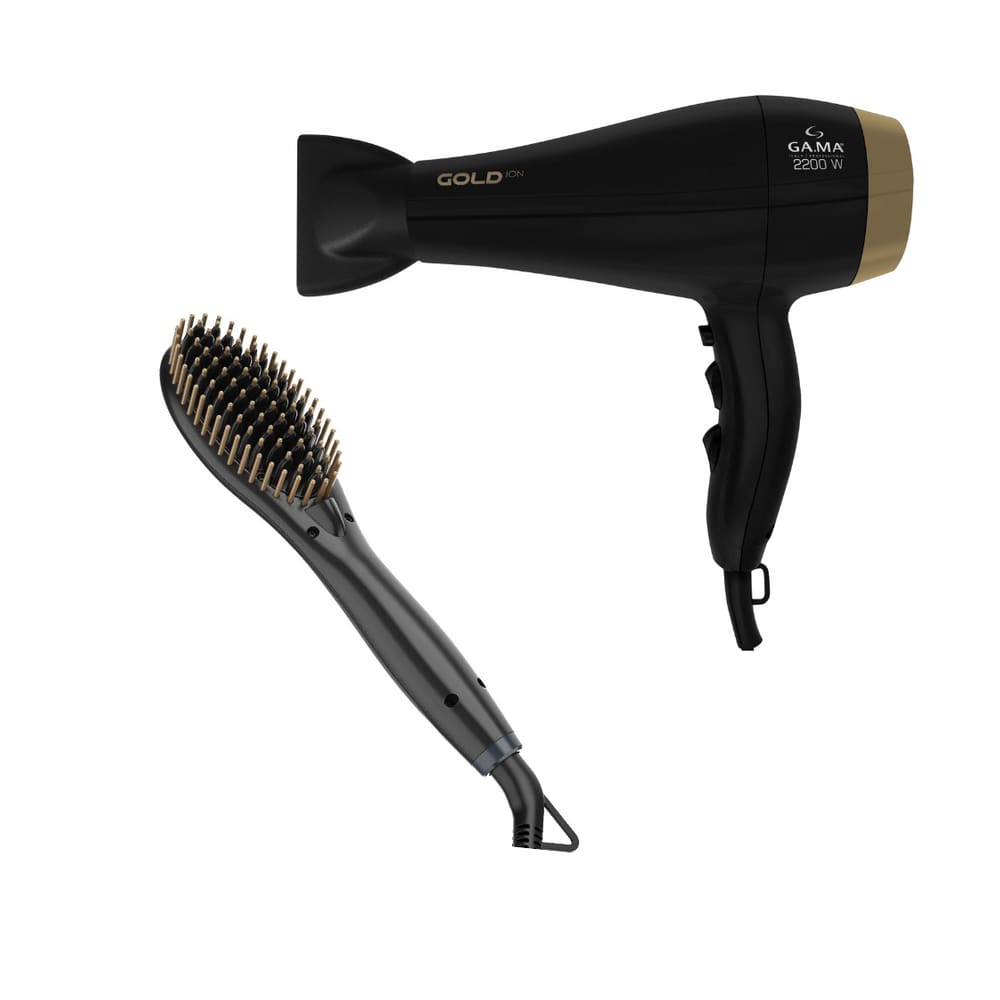 Kit Gama Gold Ion - Secador 2200W 220V + Escova Alisadora Gold Ion Bivolt