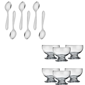 Kit Sobremesa com 6 Taças de Vidro 220ml 6 Colheres Inox