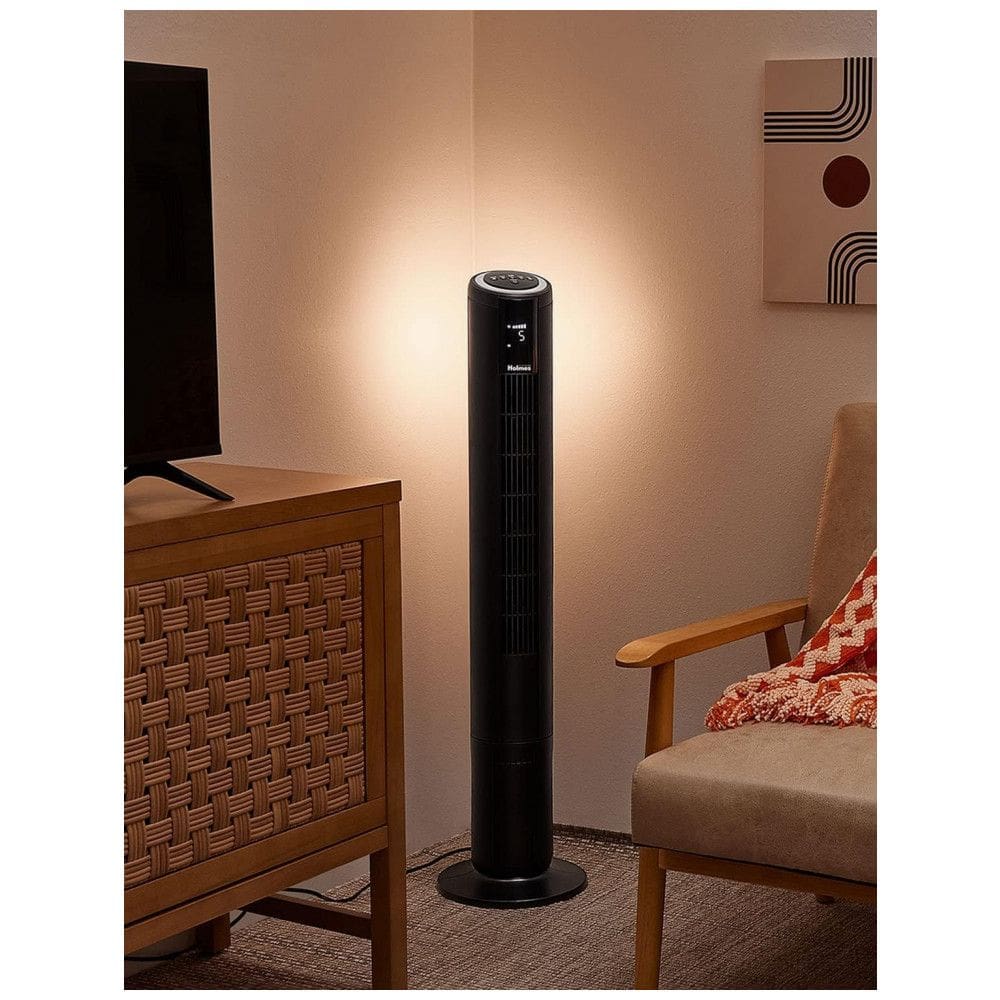 Ventilador de Torre Oscilante com 5 Velocidades, 4 Modos, Controle Remoto e Temporizador de 8H, 110V 69W, Holmes, Preto