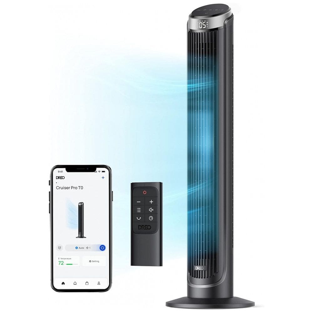 Ventilador de Torre Oscilante e Silencioso com Controle Remoto e Temporizador, 110V 45W, Dreo Smart, Preto e Prata