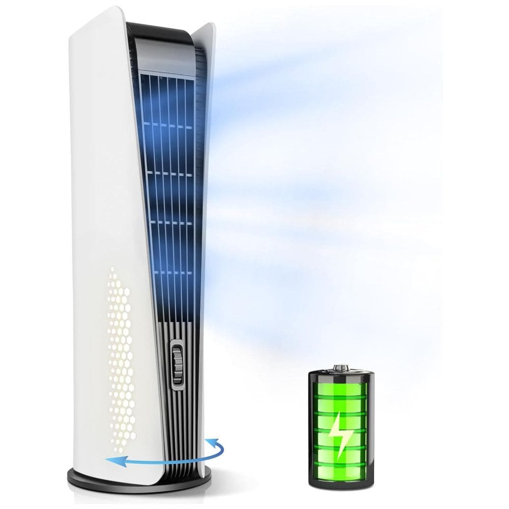 Ventilador de Torre Portátil Recarregável com Bateria de 10000mAh e 3 Velocidades, 5V 10W, SISMEL, Branco