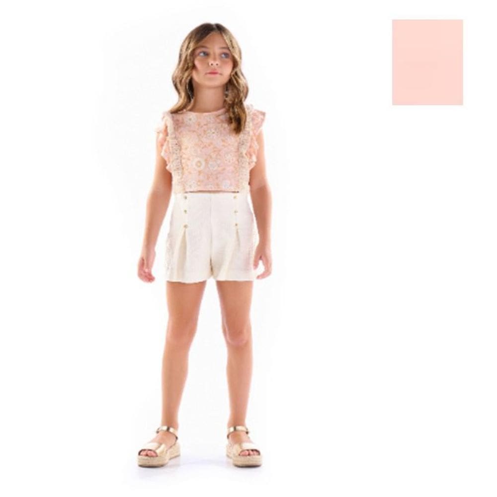 Conjunto blusa estampada e shorts trabalhado com pregas Kiki Xodó