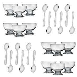 Jogo de Sobremesa Sorvetes Pudim Bolo 12 Taças Vidro 220ml 12 Colheres Inox