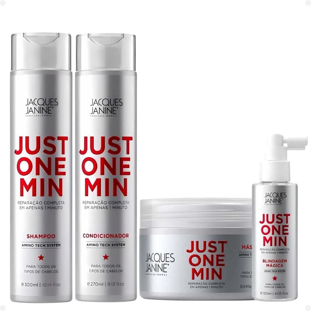 Kit Jacques Janine Just One Min: Shampoo, Condicionador, Máscara 240g e Blindagem 60ml
