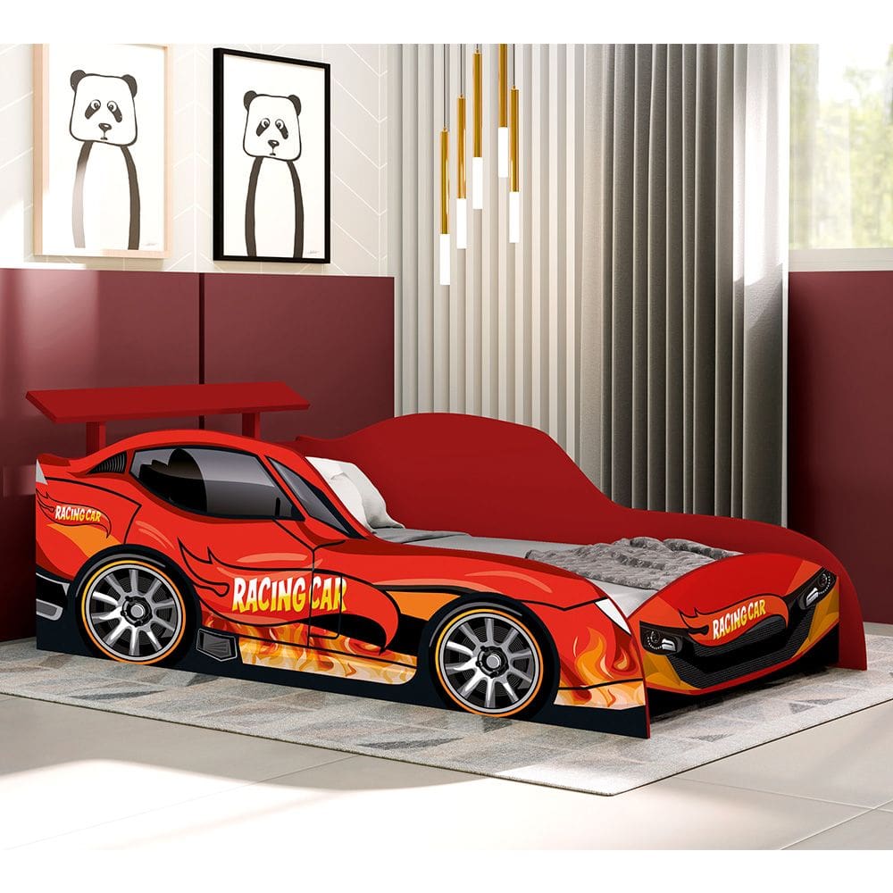 Cama de Solteiro Carro Menino Racing Car Vermelho - Vermelho / Racing Car